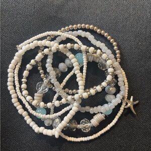 Stacked White and Silver Beaded Bracelet Set with Starfish charm